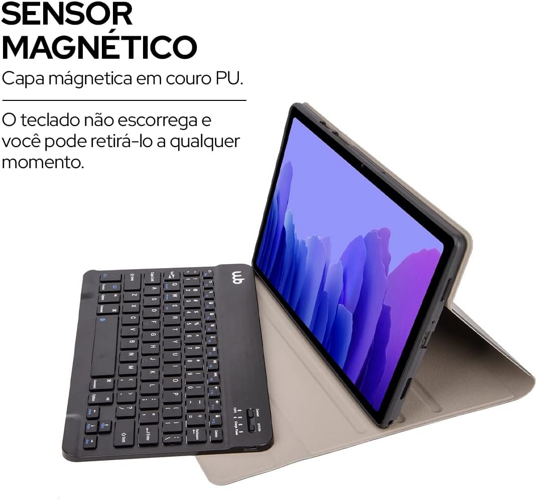 WB Capa com Teclado Para Tablet Samsung Galaxy Tab A7 10.4" Polegadas Couro Preto com duração de até 35 horas de bateria