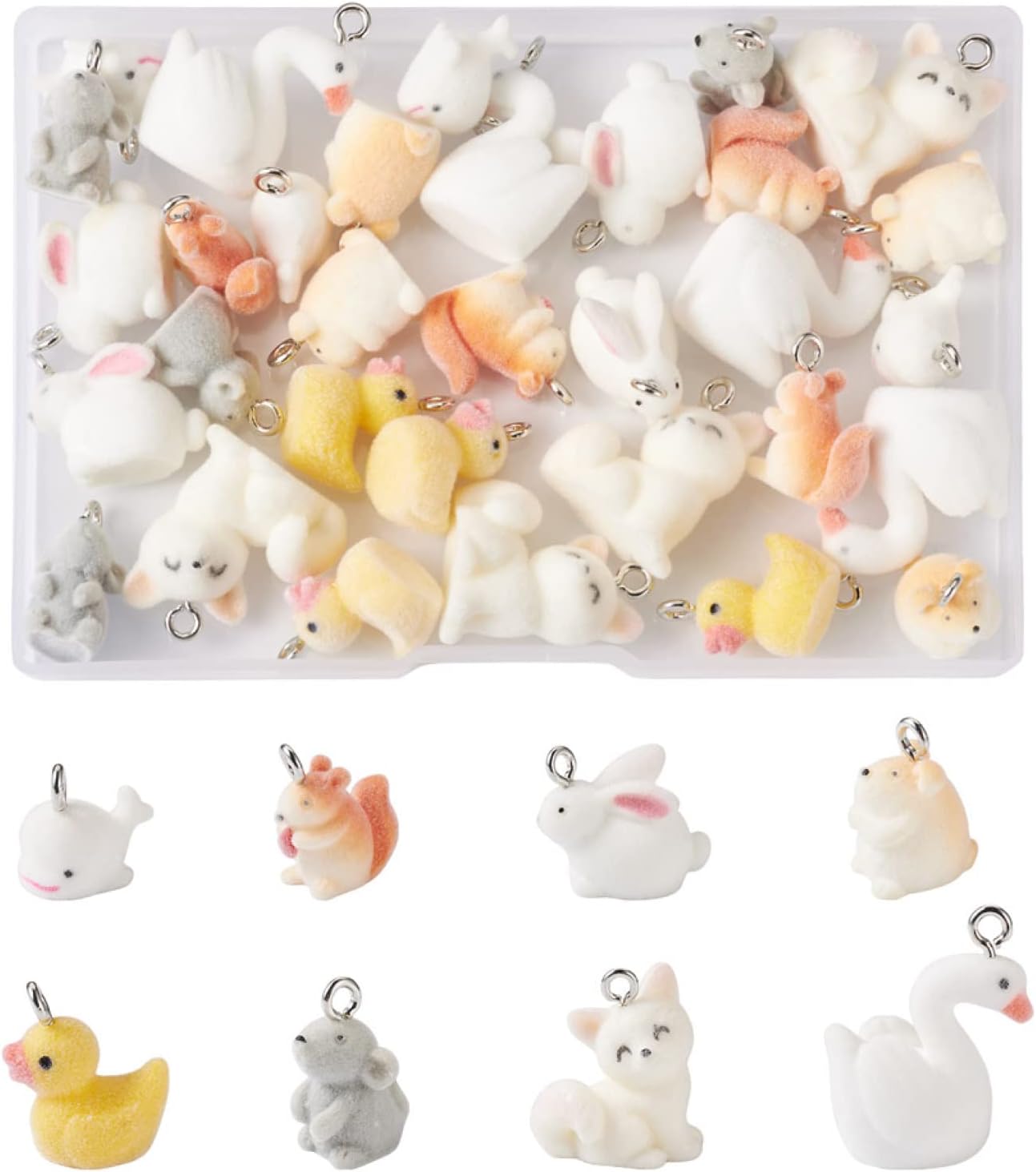 Cheriswelry 32Pcs8 Styles Resin Animal Pendants Flocky Resin Duck Rabbit Squirrel Dangle Charms with Alloy Findings 18-27mm for DIY Jewelry Necklace Earring Making