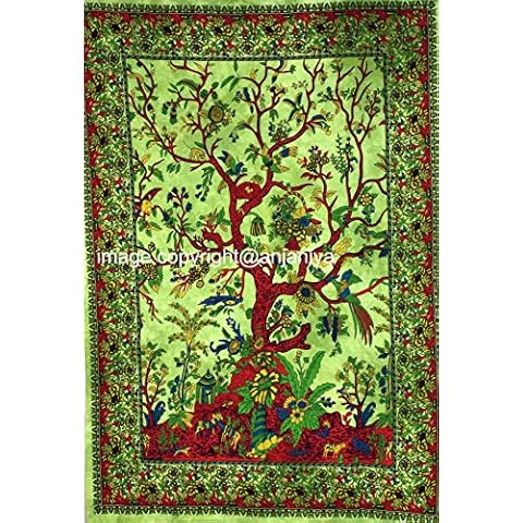 ANJANIYA Tree Of Life Beautiful Bohemian Room Dorm Decor Hippie Indian Tie Dye Small Boho Tapestry Psychedelic Poster Size 40"x30" Mandala Wall Hanging Art Cotton Gypsy Posters (Green, 30"X40") Cover