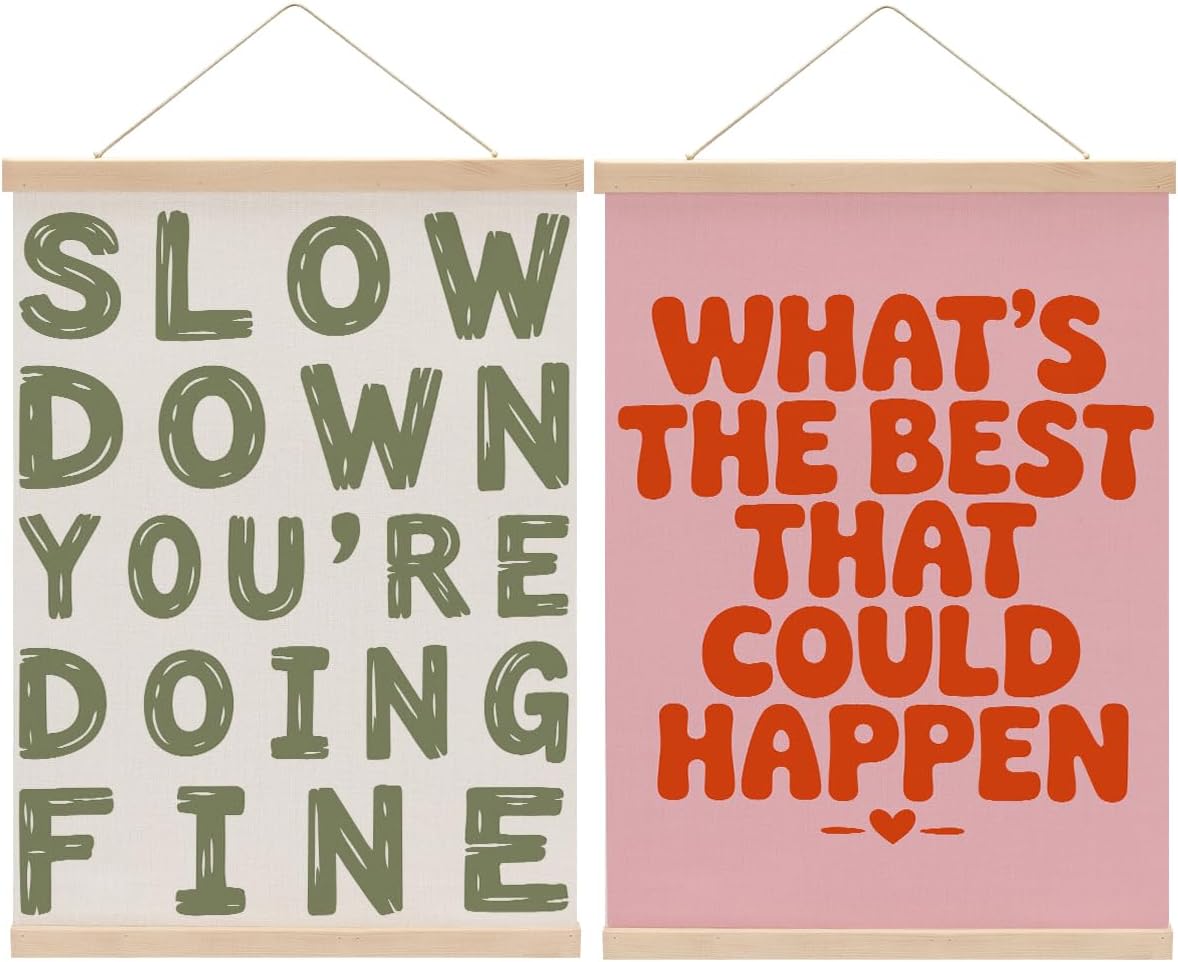 2Pcs Whats The Best That Could Happen Sign, Pink Dorm Decor, Slow Down You'Re Doing Fine Poster, Positive Affirmations Wall Decor, Inspirational Hanging Banner for Nursery Bedroom Playroom Classroom