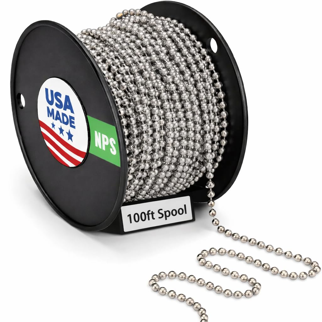 #10 Ball Chain 100ft Spool – Nickel Plated Steel Beaded Chain for Pull Chain, Jewelry, Crafts, Labeling | Nickel Plated Bead Chain for Industrial, DIY & Dog Tag Uses | USA Made - 4.5mm