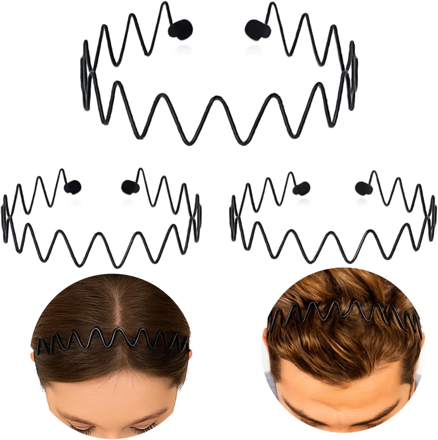 CAMKONG 3PCS Metal headbands for Men Headband Women Wavy Hair bands Spring Hair Hoop Sports Fashion Hairband Unisex Black Elastic Non Slip Simple Headwear Accessories