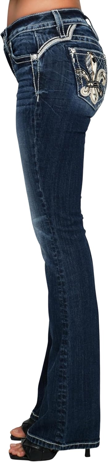 Miss Me Women's Cowhide Fleur de Lis Embellished Pockets Mid-Rise Bootcut Jeans - Image 3