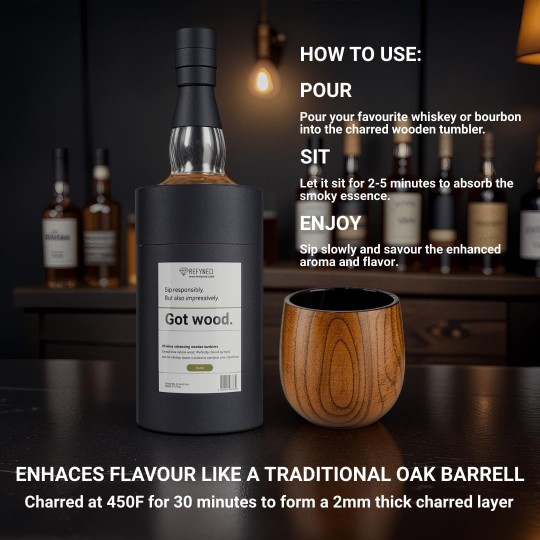 Whiskey Enhancing Charred Wooden Bourbon Drinking Glass Set Chilling Stones Cocktail eBook |Bourbon Glass Bourbon Gifts for Men |Wooden Old Fashioned Glass |Gifts for Men Who Have Everything (2)