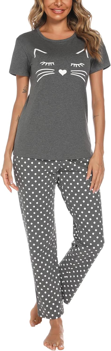 Women's Cotton Pajama Set Cute Printed Short Sleeve Top & Long Pants Sleepwear Pjs Sets