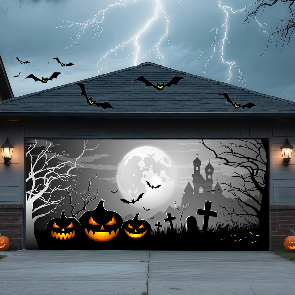 ZFFLYH Halloween Garage Door Cover Banner Outdoor Home Decorations Halloween Hanging Backdrop Door Cover Garage Wall Decor,Moonnight,8 * 7FT
