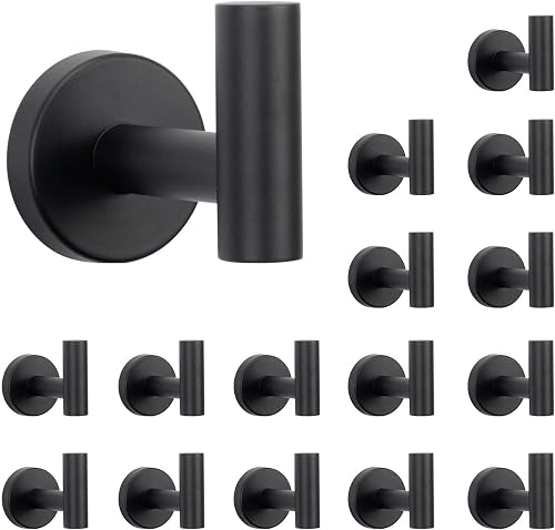 NearMoon Bath Towel Hooks- SUS 304 Stainless Steel Robe Hook Holder, Heavy Duty Coat Hook for Bathroom Livingroom Hotel Kitchen Garage, Wall Mounted (Matte Black, 16 Pack)
