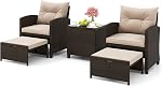 ORALNER 5 Pieces Patio Furniture Set with Ottoman, Wicker Conversation Set w/Cushions, Glass Coffee Table, Outdoor Lounger Rattan Chairs Bistro Set for Porch Balcony Garden Deck Poolside (Turquoise)