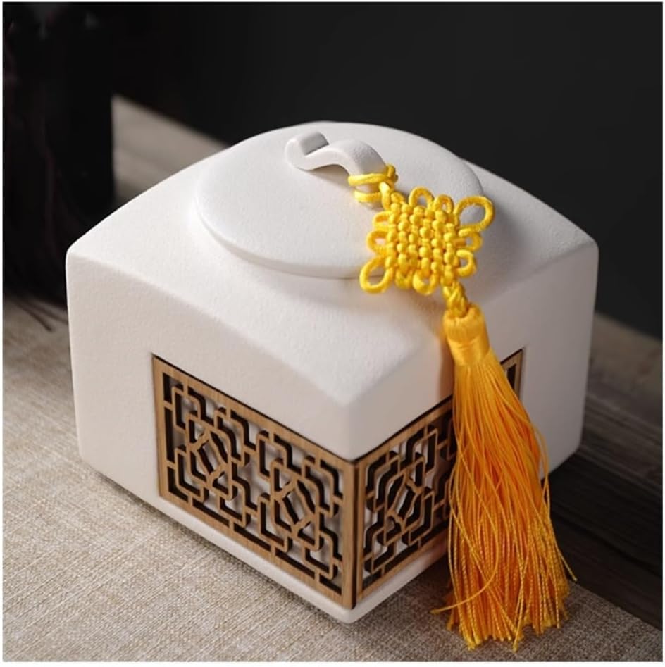 Tea Container Square Retro Ceramic Tea Can with Yellow Chinese Tassel Bulk White