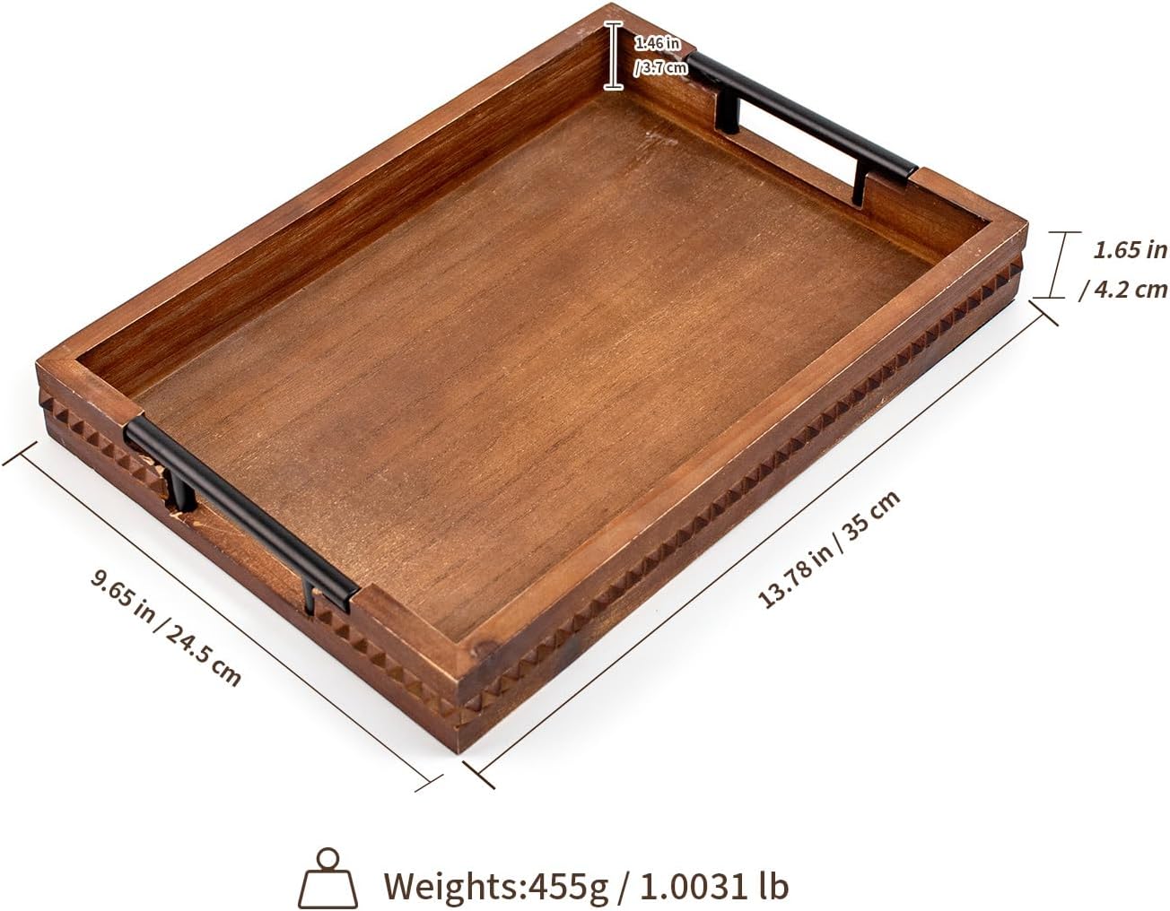 Wooden Serving Trays with Metal Handles Vintage Ottoman Tray 15 X 11 Wooden Retro Decorative Trays with Geometric Beads for Coffee Table & Home Decor (1 Pack) - Image 2