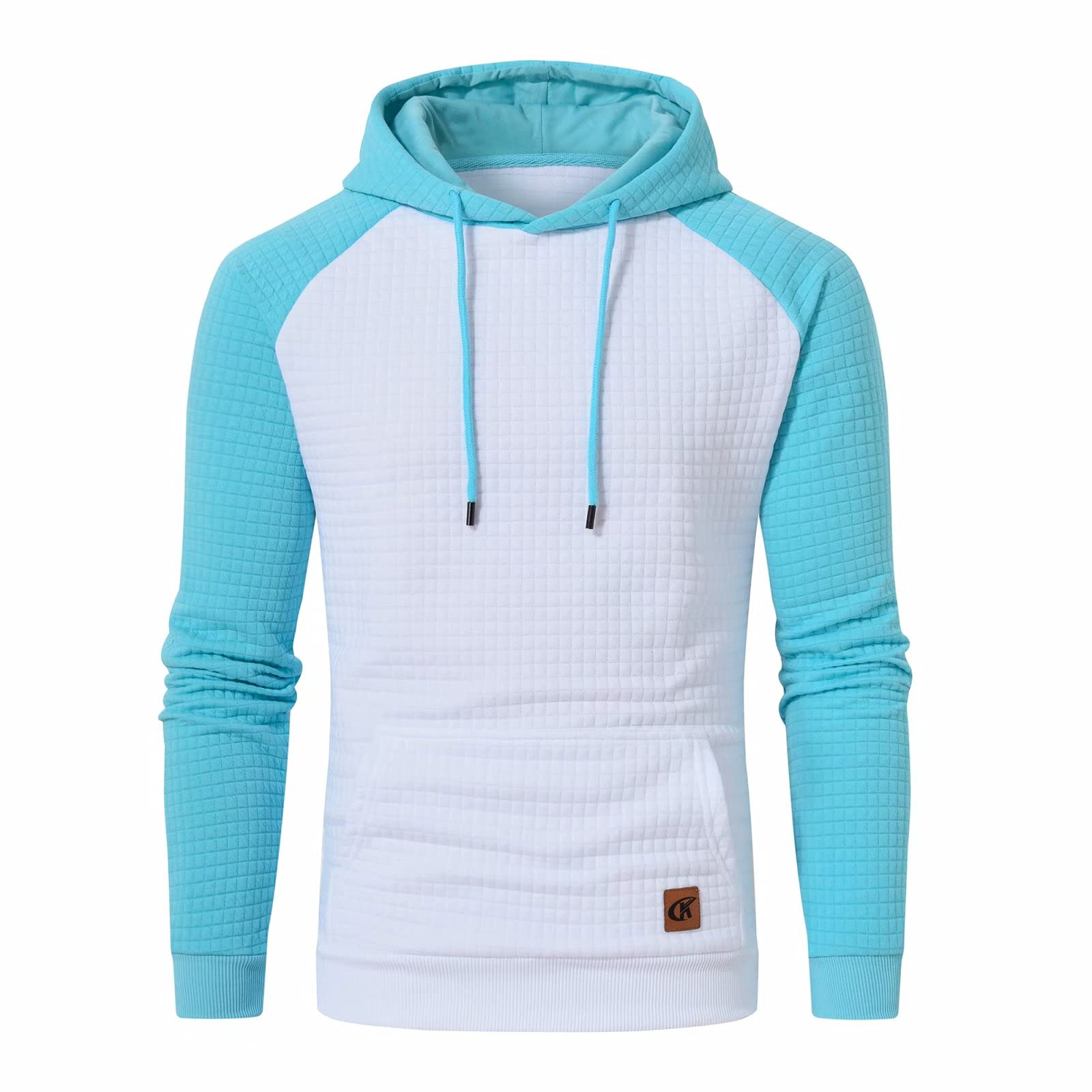 Pullover con cappuccio da uomo Plaid Jacquard manica lunga coulisse Hipster Casual Felpe con cappuccio con tasche Kanga, bianco/azzurro., Small