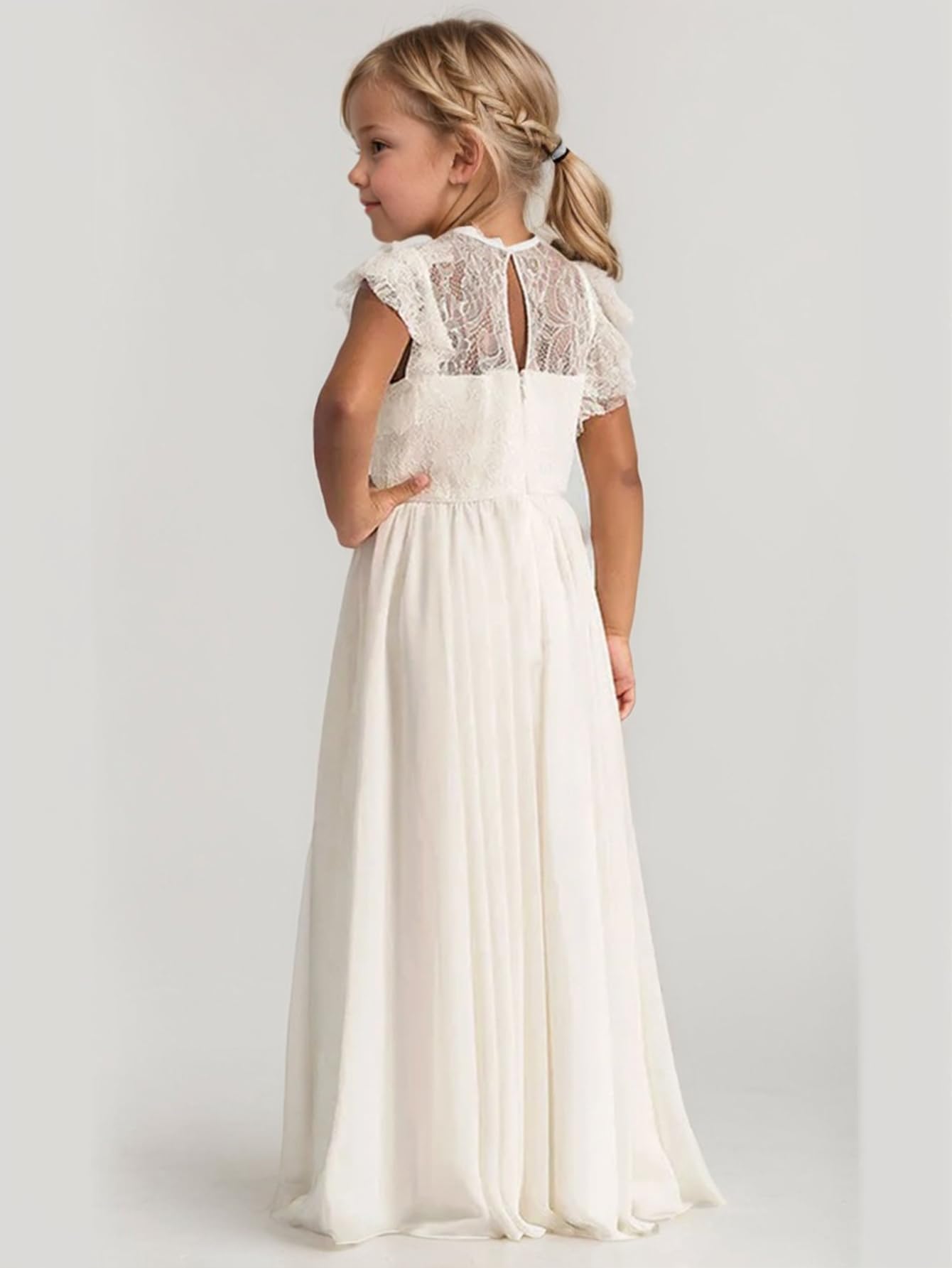 Boho Longue robe en dentelle pour enfants Robe en mousseline de soie avec ceinture et manches courtes papillonsChic Aligne Robes de communion Robes de demoiselle d'honneur Robes de demoiselle