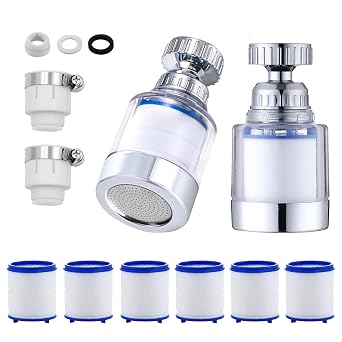 Pack of 2 Transparent Tap Filter 360 ° Tap Filter + 6 Polypropylene Cotton Filter Element Water Filter Tap with Interchangeable Filter Element for Kitchen Sink Home Bathroom