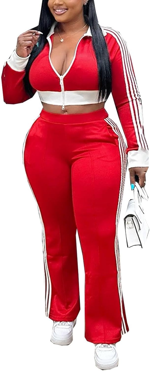 KANSOON Track Suits for Women Set 2 Piece Colorblock Zip Up Crop Jacket and High Waist Side Stripe Pants Outfit