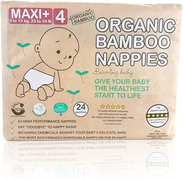 Beaming Baby Organic Bamboo Eco Nappies Maxi Plus Size 4 9-15 kg / 23-34 lb - 24 in Pack. Biodegradable, Hypoallergenic, No Nappy Rash, Recyclable Paper Packaging