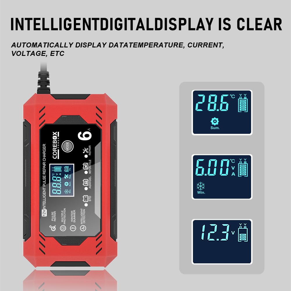 Ładowarka do akumulatora samochodowego 6 A, 12 V, w pełni automatyczna ładowarka do akumulatora samochodowego z ekranem dotykowym LCD, kompensacja temperatury, tryb naprawy, w pełni automatyczna