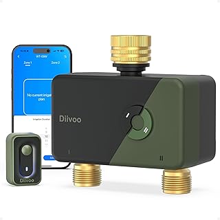 Diivoo WLAN Bewässerungscomputer mit 2 Ausgängen, Messinganschlüssen & 12 Zeitplänen, Smarte Bewässerungsuhr kompatibel mit APP/Alexa/Google Sprachsteuerung, Regenverzögerung für Rasen, Garten, Balkon