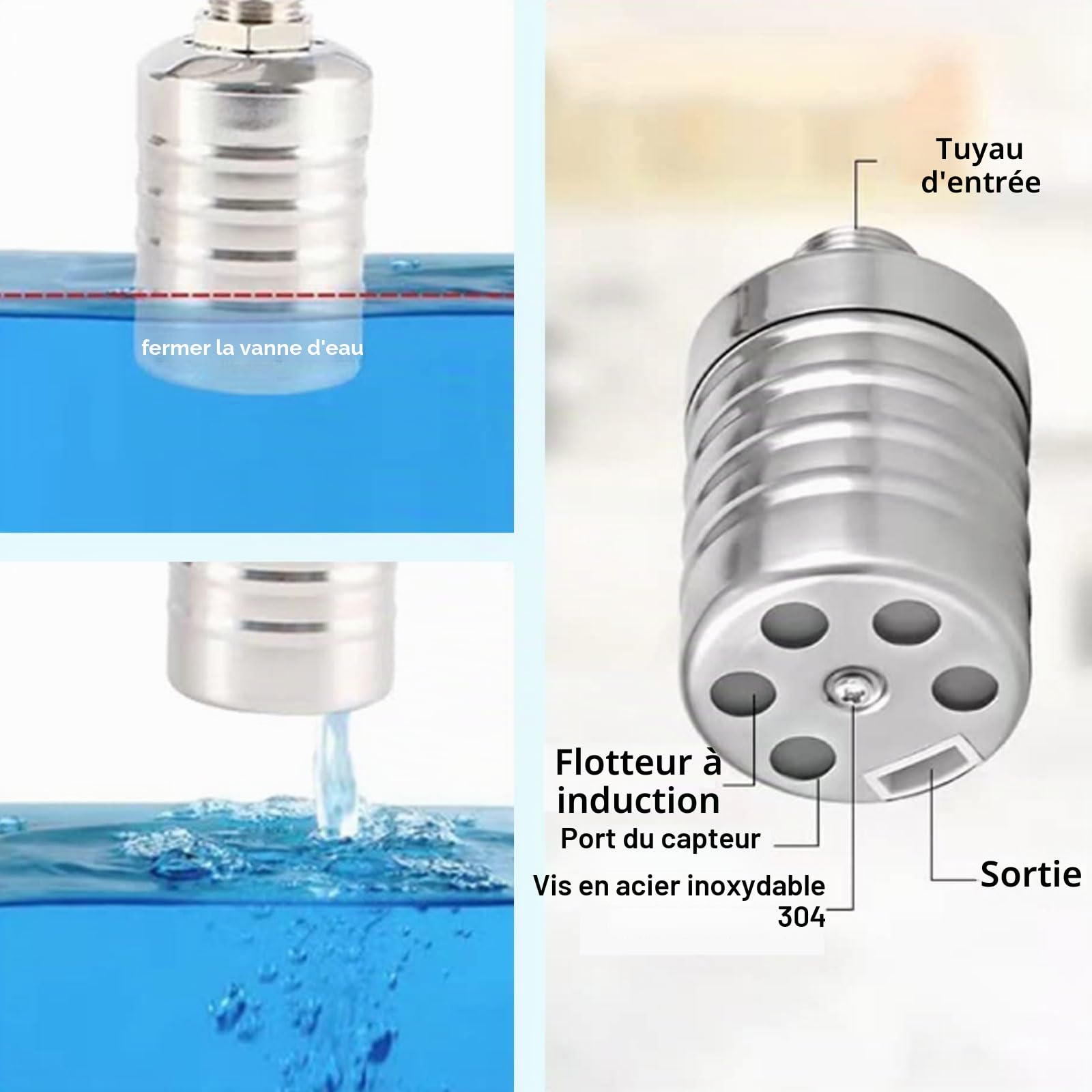 1/2" Vanne à flotteur entièrement automatique en acier inoxydable 304, régulateur de niveau d'eau automatique pour réservoir d'eau, mini robinet à boisseau sphérique à flotteur en acier inoxydable