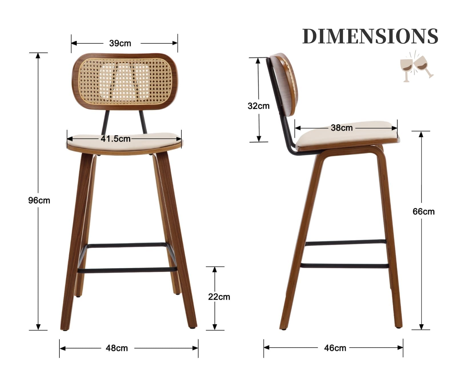 chairus Tabourets de Bar Lot de 2 Tabourets de Comptoir Bois et Métal Chaise Haute Bar avec Dossier Rotin pour Central Îlot, Beige