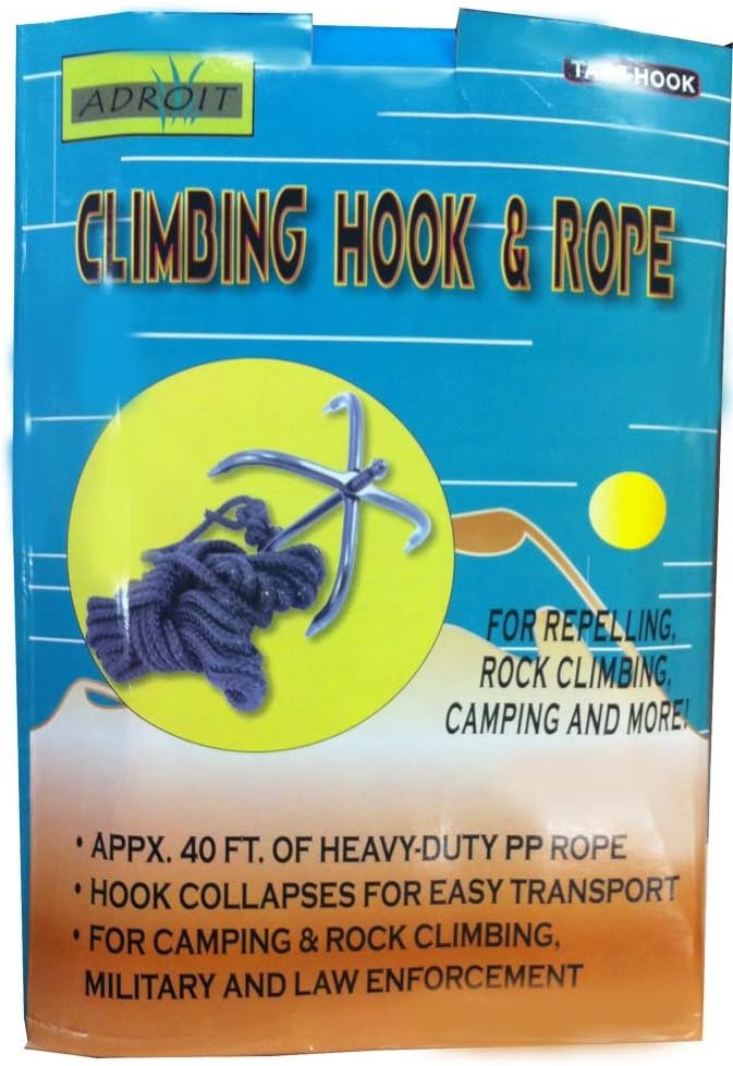 ADROIT Climbing Hook & Rope | 40 feet (12.2 meters) Polypropylene | 7" (17.8 cm) Steel Hooks | 3 pounds (1.36 kg) Unit Weight | Versatile Grappling Tool | For Climbing, Rescue & Emergency
