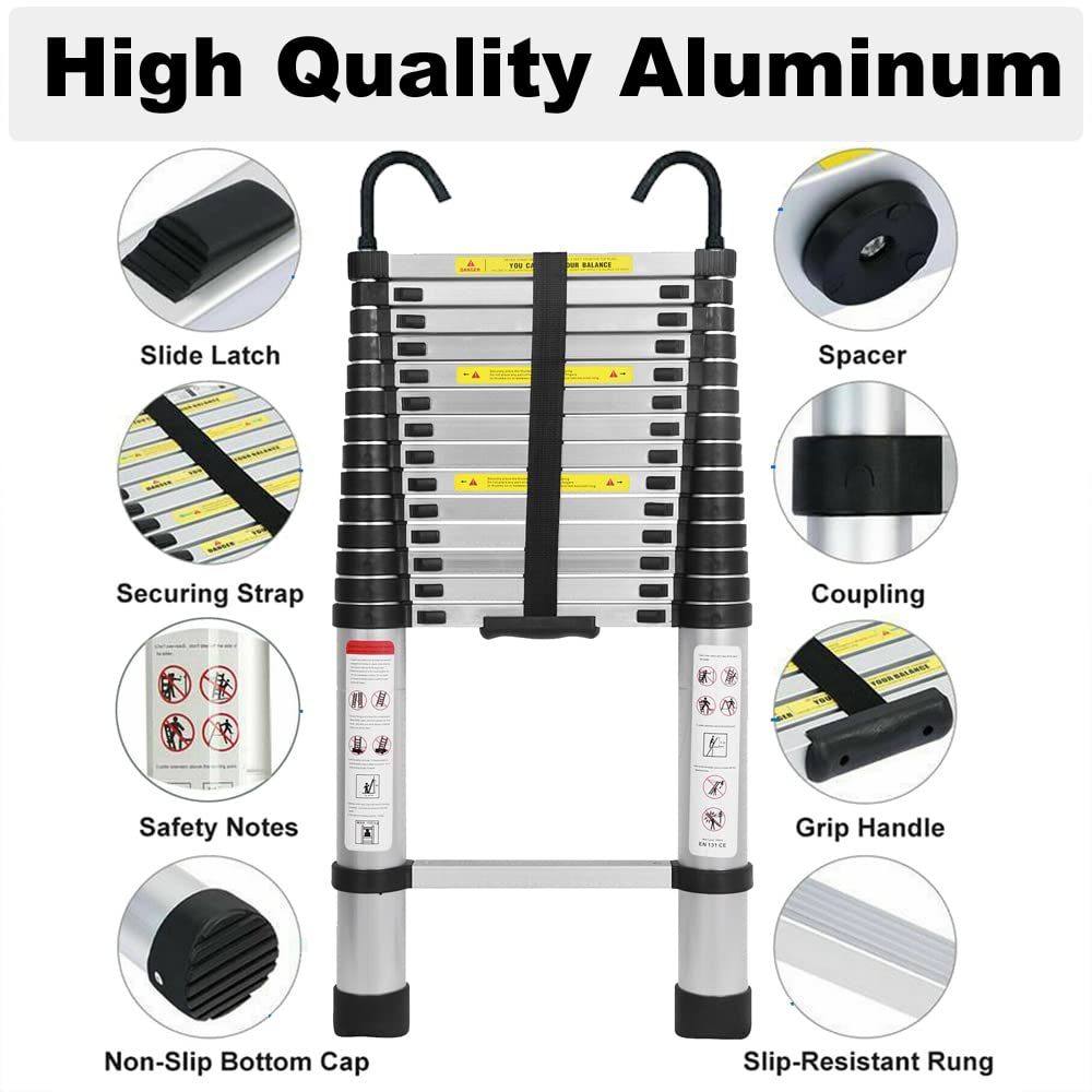 Scala Telescopica Allungabile 6,2 m - Alluminio, 15 Pioli, 2 Ganci, Multiuso Estensibile Robusta, Portata 150 kg, EN131