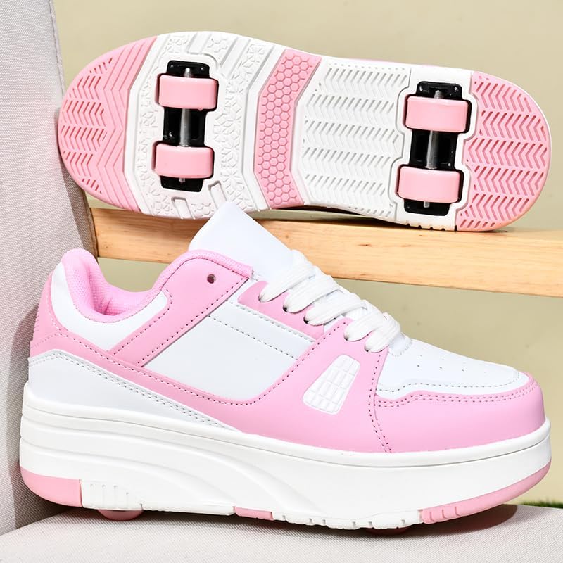 Children's Four-Wheeled Double-Row Roller Skates, lace-up Style, Available in Pink, Black, and White