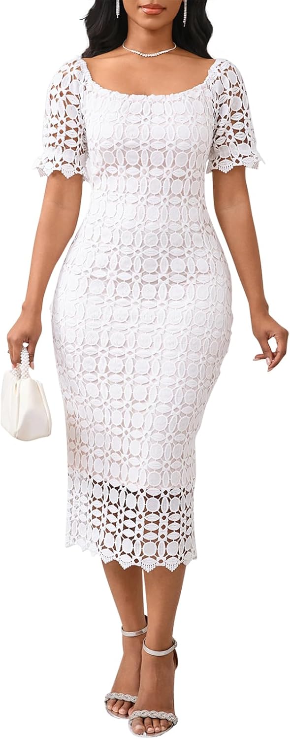 Cololura Elegant Sexy Floral Lace Short Sleeve Off Shoulder Evening Gown Party Formal Bodycon Midi Dress