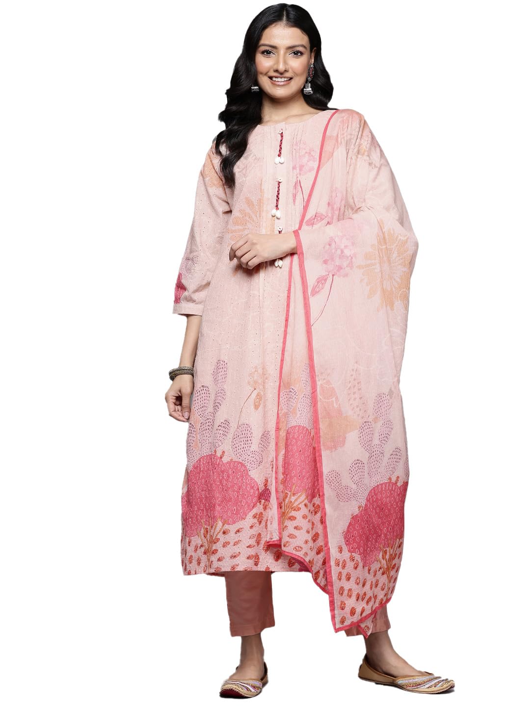 Varanga Women Peach Sciffli Kurta Paired With Tonal Bottom And Printed Dupatta