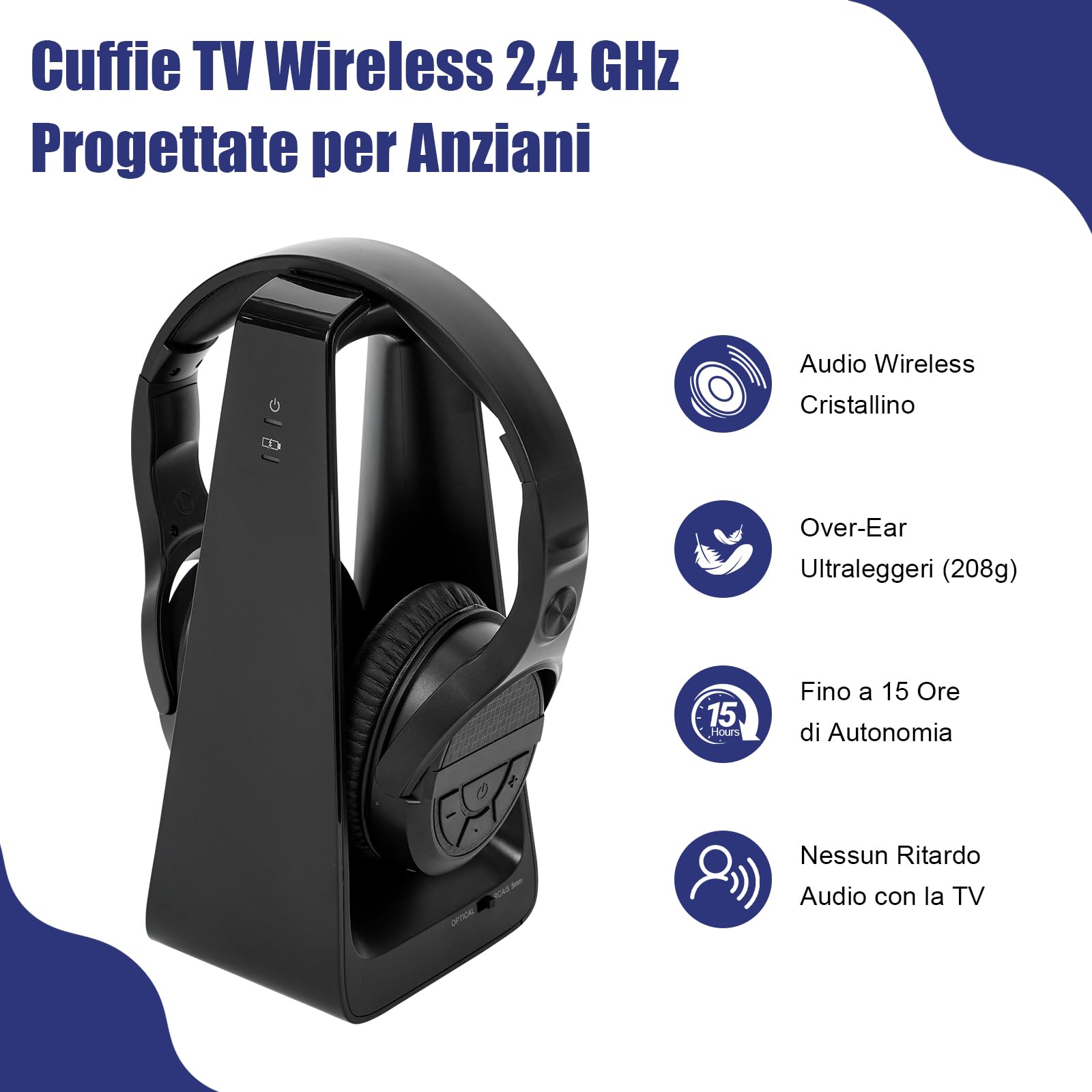 Cuffie TV Wireless per Anziani con Pulsanti Grandi, Base Ricarica Trasmettitore RF 2.4GHz, Supporto Uscite Ottico/RCA/AUX, Cuffie Bluetooth Over-Ear con 3 Modalità EQ, Portata 30m Senza Ritardo Audio