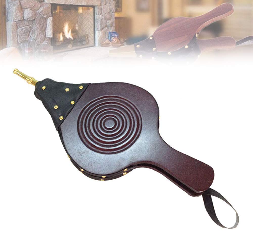 Soffietti da camino, Soffietto for camino Soffiatore in legno Soffietto for camino Ugello in fusione con cinturino in pelle appeso, Soffiatore d'aria 45x19,5 cm