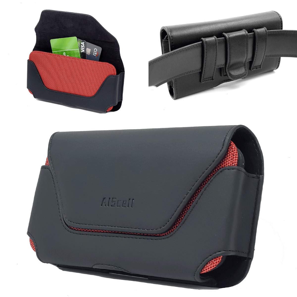 AISCELLAIScell Red/Black Oversize Leather Pouch Holster Belt Loop Case~Universal Faux Leather Horizontal Cellphone Holster w/Belt Clip for Smartphones 7.00'X3.60'X0.60'~Great Fits Phone With Thick Co