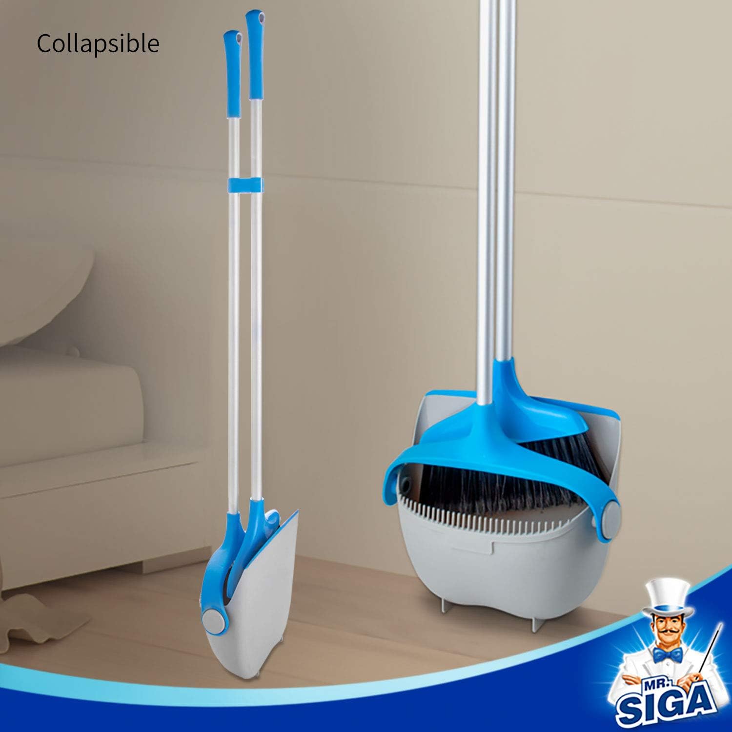 MR.SIGA Upright Broom and Dustpan Set, Blue&Gray