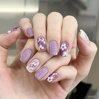 Tulobi Purple Press On Nails - Short Square Glossy False Nails With White Flower Pattern - 24PCS/Set