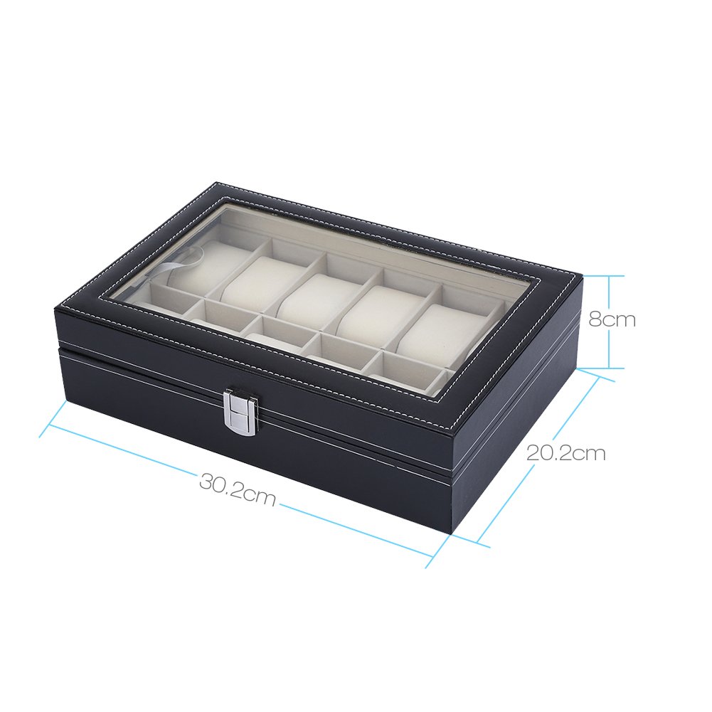 Caja de reloj de 12 ranuras con tapa de vidrio grande y almohadas de reloj extraíbles, organizador de relojes para hombres y mujeres