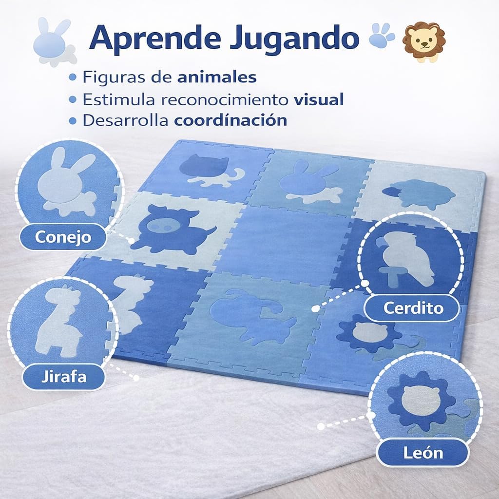Children's EVA Foam Puzzle Mat, Blue, 185 x 185 cm, 9 Pieces, 1.2 cm Anti-Shock, Animal Theme, Educational