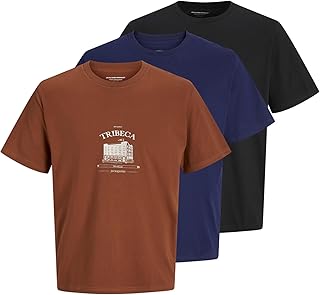 جاك اند جونز تي شيرت جوربوستون بقبة دائرية بدون طوق للرجال من 3 قطع بتصميم عصري