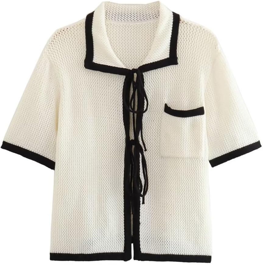 Loose Type Lapel Tie Women's Knit Striped Cardigan Sweater