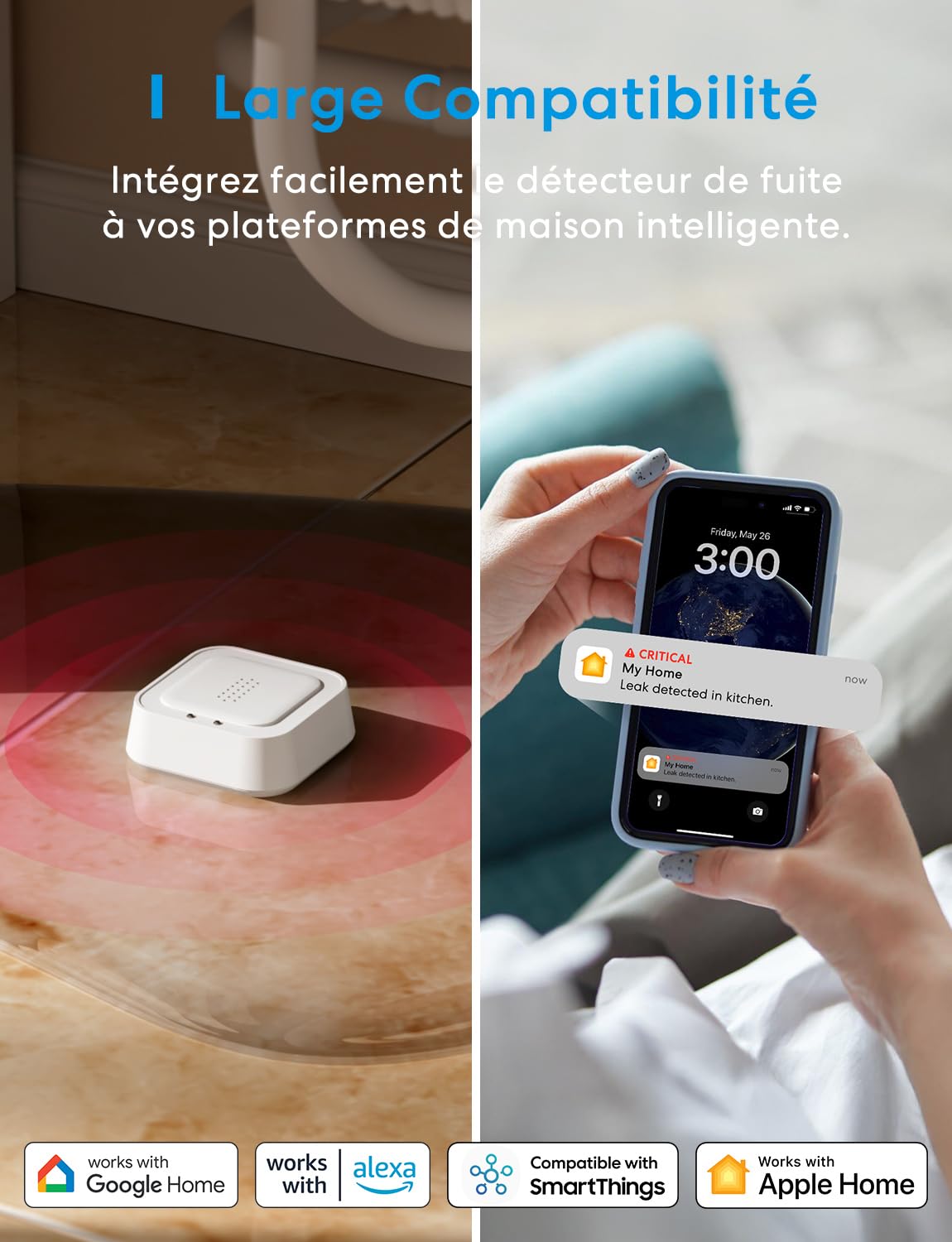 Meross Matter Détecteur de Fuite d'eau Connecté avec MSH450, 100dB Alarm | Capteur de Fuite d'eau Wi-FI Détection 0,3 mm, 100dB Sensor & APP & Hub-Alarm, pour la Cuisine, Salle de Bains et Cantine