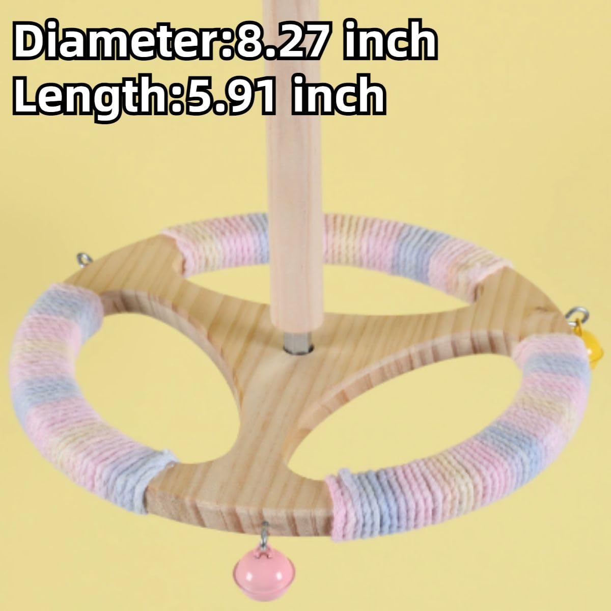 Parrot Perch Wooden Stand with 3 Bell Toys & Soft Cotton Rope - Interactive Spinning Bird Cage Accessories for Parakeets, Budgies, Lovebirds, Cockatiels, Conures, Finches (Cloud Color)