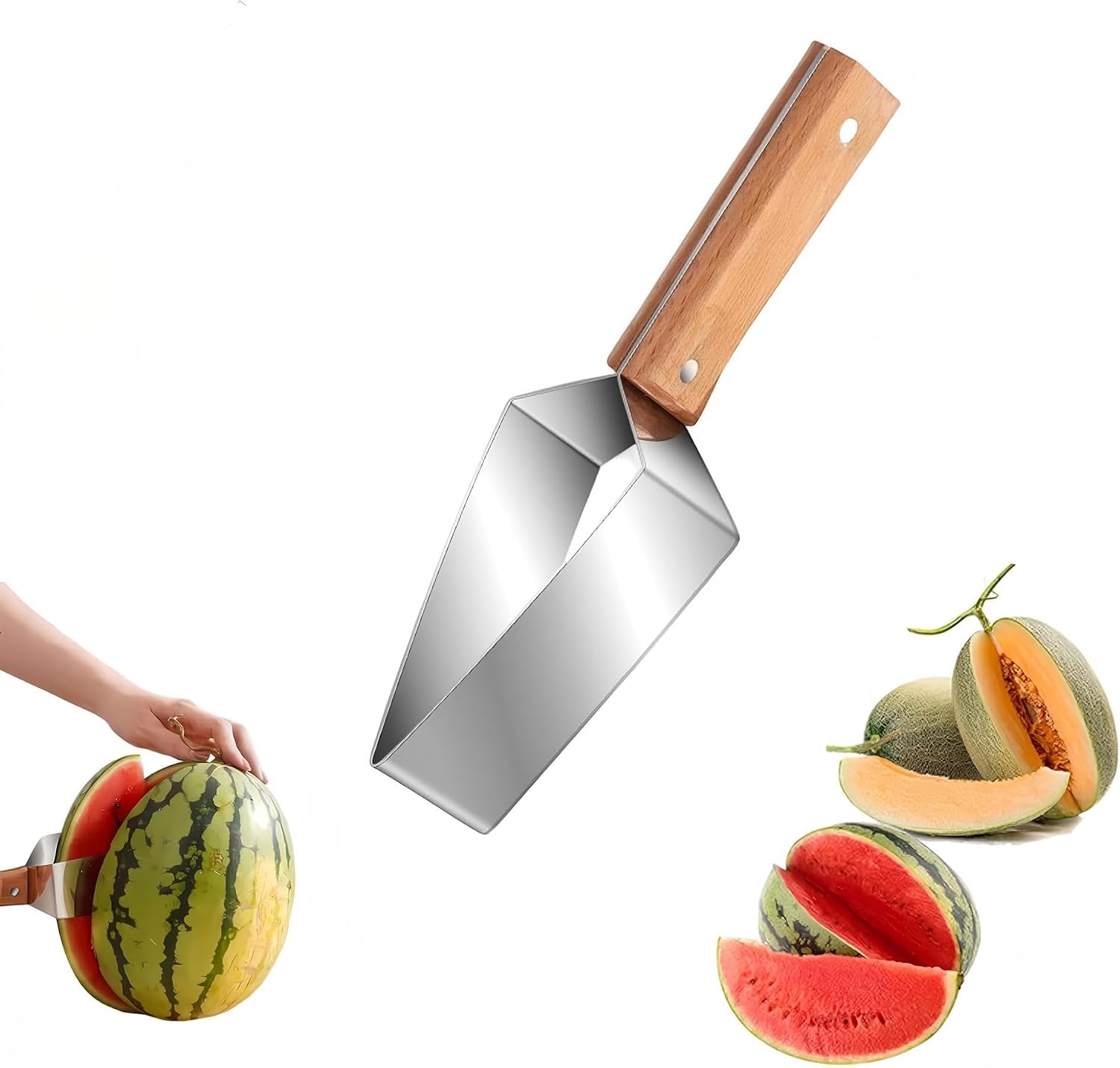Watermelon Slicer Cutter, Stainless Steel Melon Cutter Tool with Wooden Handle, V-Shaped Watermelon Knife for Cutting Watermelon, Cantaloupe, Honeydew, Kitchen Gadget for Summer Fruit (1)