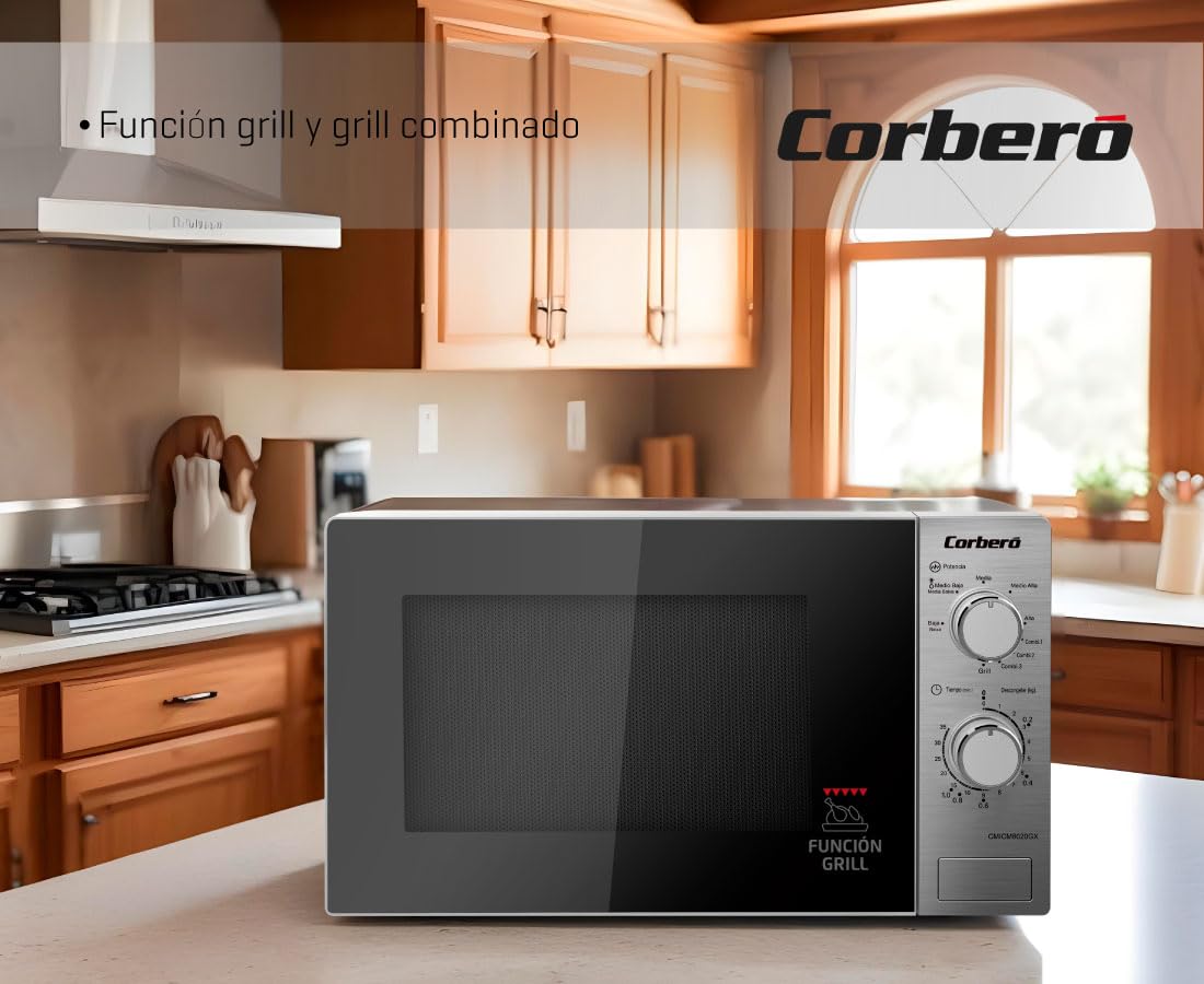 Corberó - Microondas con grill | CMICM6020GX | 700W | 20L | Gratinar y Asar | Descongelar | 9 Niveles Potencia | Temporizador | Plato Giratorio | 26x44x34 | Inox