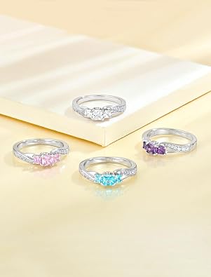 YL Women's Sterling Silver Clear Birthstone 3-stone Princess Cut Wedding Rings for Engagement Jewelry