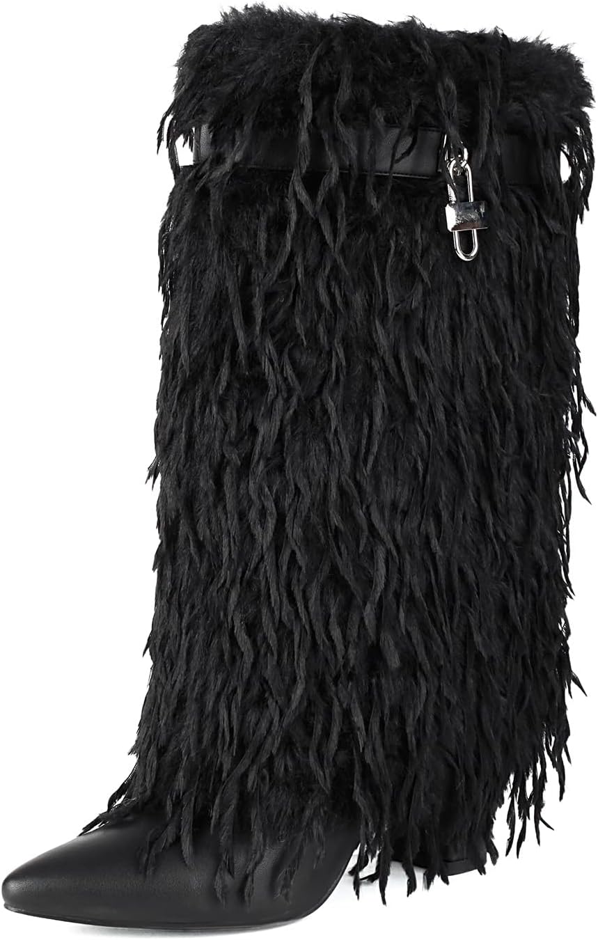 Women Fold Over Faux Fur Mid Calf Boots Chunky Heel Point Toe Shark Boot Fashion Pull On Short Booties with Padlock