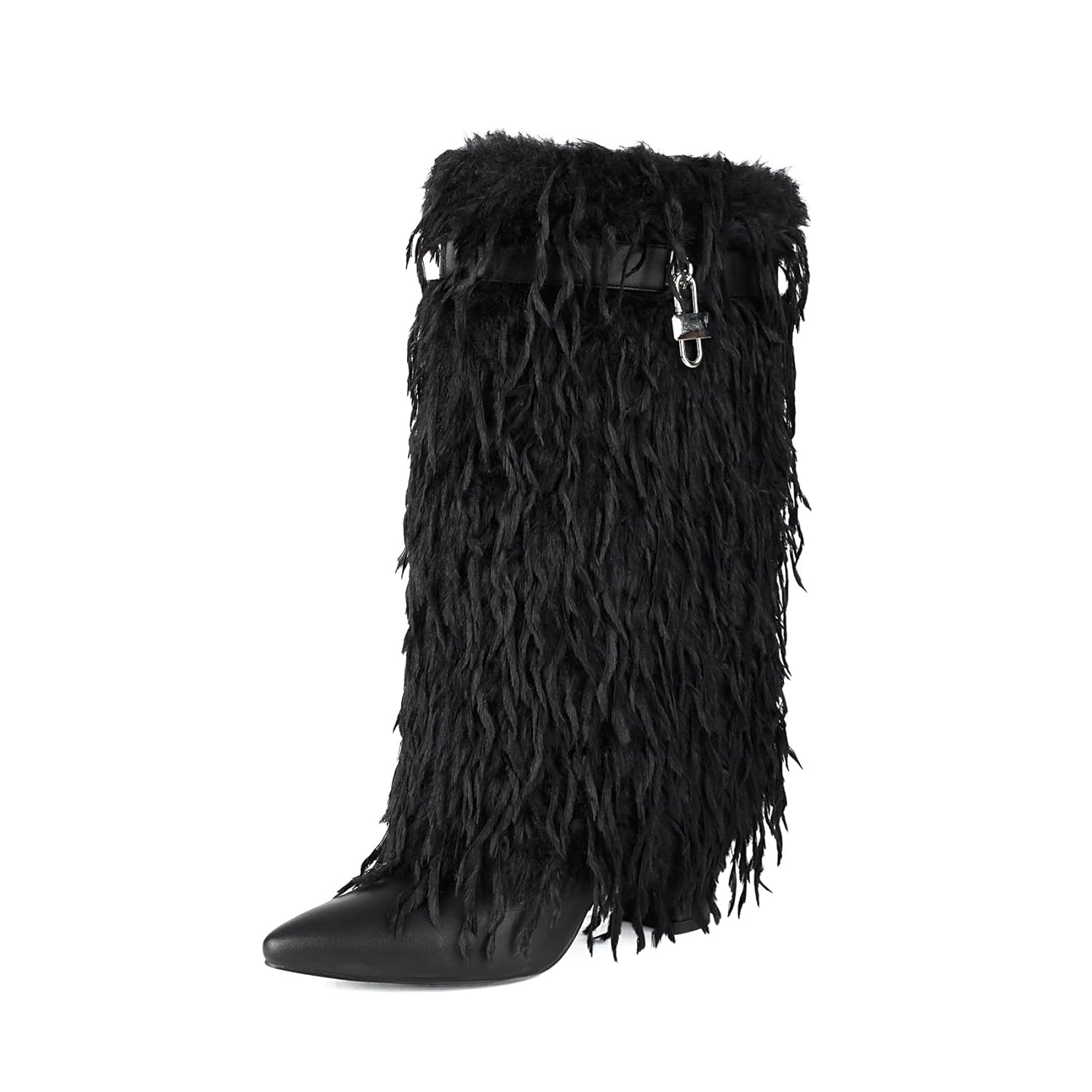 AIJIVOU Women Fold Over Faux Fur Mid Calf Boots Chunky Heel Point Toe Shark Boot Fashion Pull On