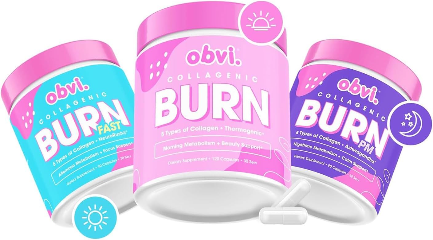 Obvi Burn Bundle – 24-Hour Support System with 5 Types of Collagen for Wellness, Recovery, and Vitality – Hydrolyzed Collagen Peptides, Green Tea Extract, and Ashwagandha for Overall Health