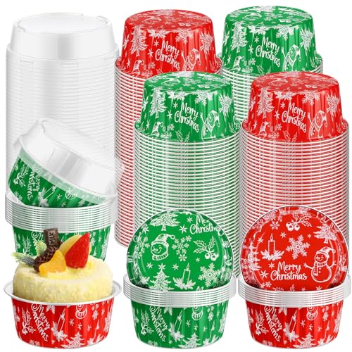 Potchen 200 Pcs Christmas Aluminum Foil Baking Cups with Lids,