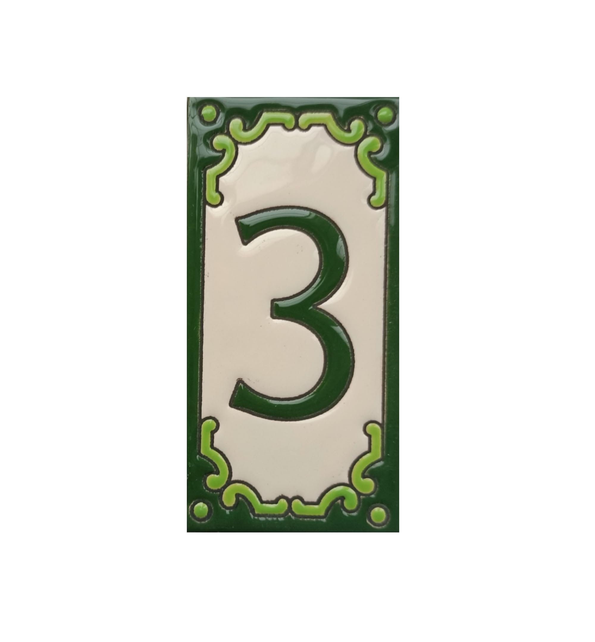 Hand-Painted Jacho Green Number Tiles Option of Metal Filigree Frames - 11 x 5.5 cm (Number 3 Tile)