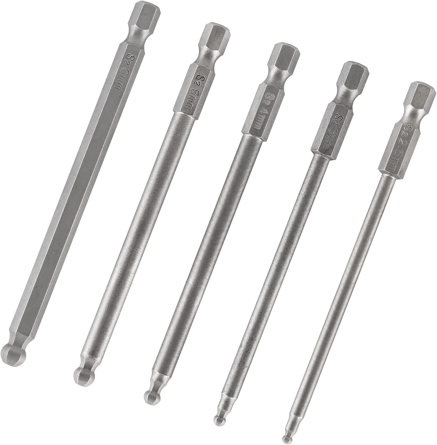 5Pcs Ball End Metric Hex Bit Set 100 mm/4 Inch Length S2 Steel Magnetic Ball End Hex Screwdriver Bit Set with 1/4 Inch Hex Shank, 2.5MM 3MM 4MM 5MM 6MM Ball Hex Driver Bits For Power Tools