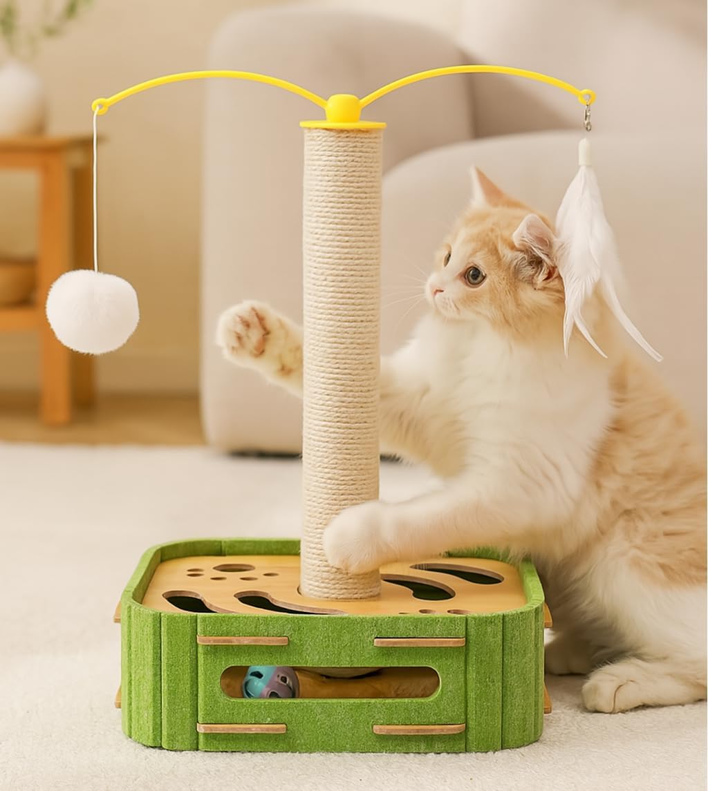 Interactive Cat Puzzle Toy – Scratching Post for Kittens & Small Cats with Spinning Balls & Feathers, Mental Stimulation for Playful & Chewing Toys, Satisfies Hunting Instinct with Rolling Track