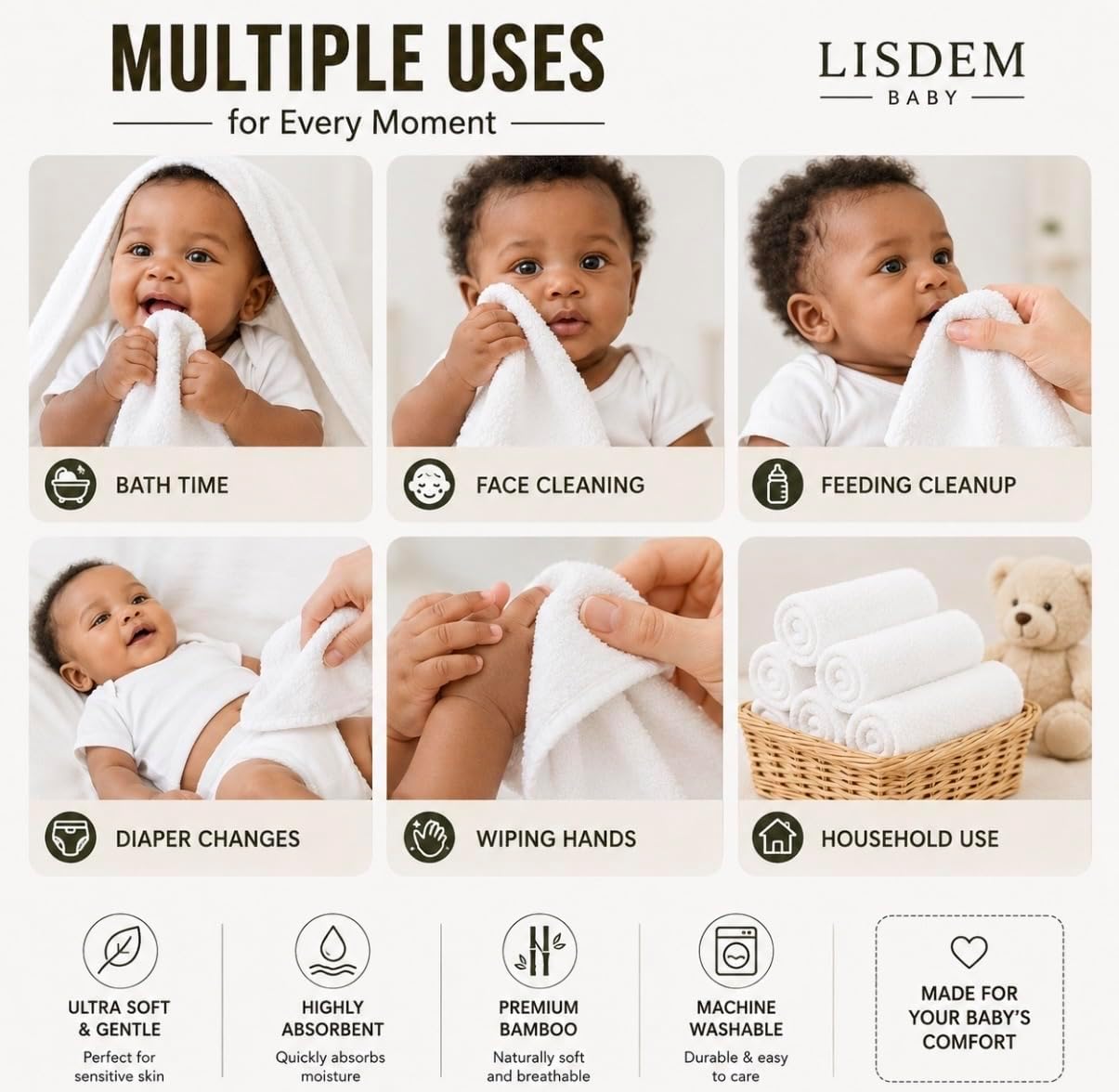 Bamboo Baby Washcloths- Soft & Absorbent Baby Wash Cloths for Face & Bath, 10x10 Inches, Gentle & Breathable, Newborn Essentials.